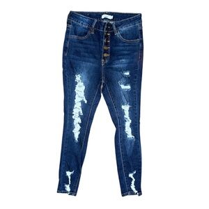 Rue 21 High Waist Distressed Skinny Jeans 5 Buttons Ripped Thighs Size 4